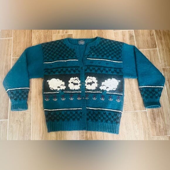 The Woolrich Wool Cardigan Sheep Print Size Large/XL Faire Aisle Vintage - Picture 1 of 6